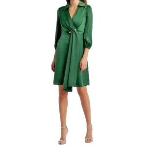 Vince Camuto Women's Satin shirt Dress Dark Green 4 ( Pearl Clasp Not Included)